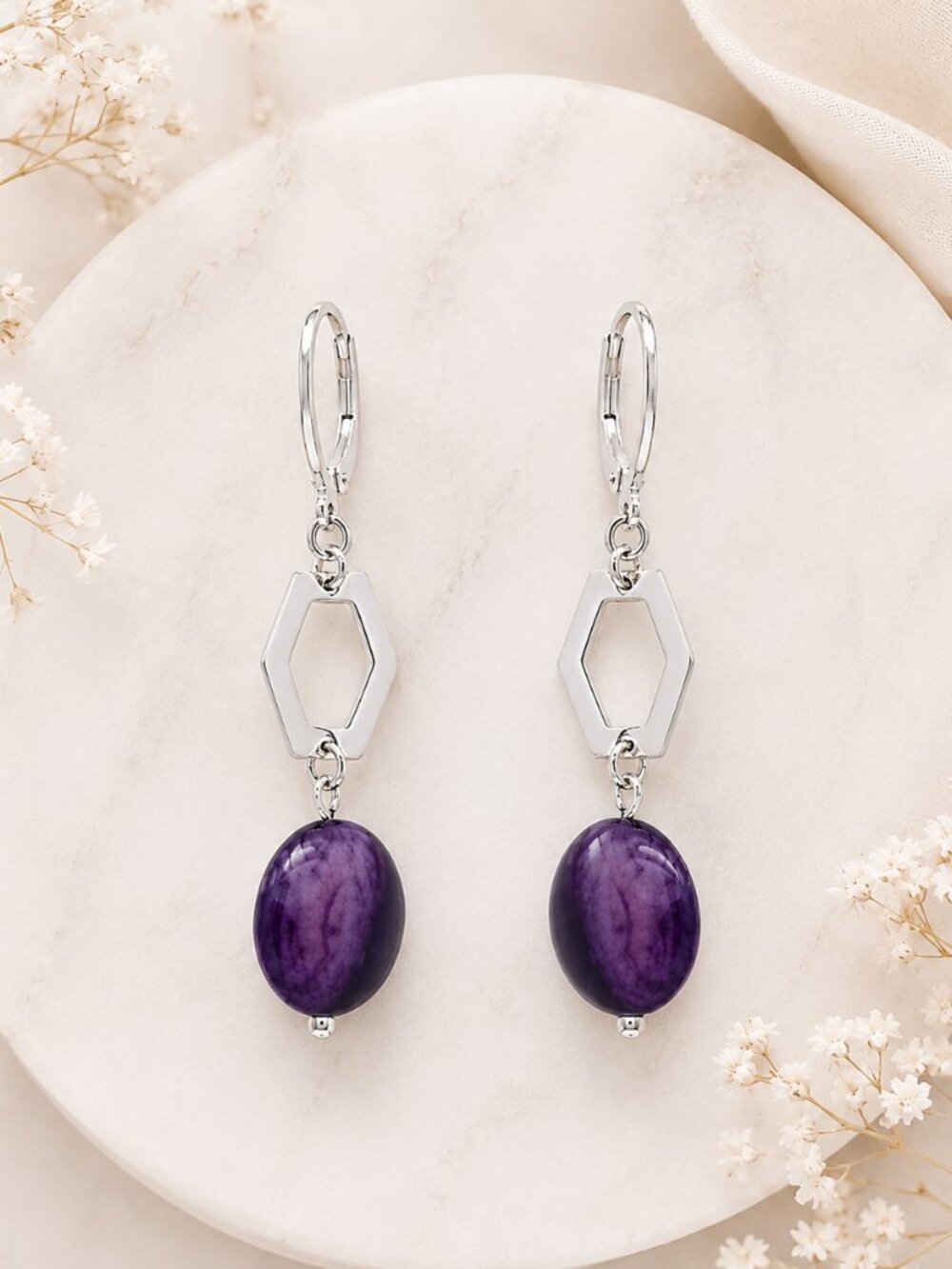 Mexican Sterling Silver .925 Geometric Drop Earrings with Purple Stone
